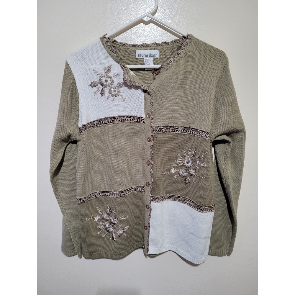 NWT Dressbarn‎ Cardigan Sweater Womens Small Sage Green White Floral Embroidered